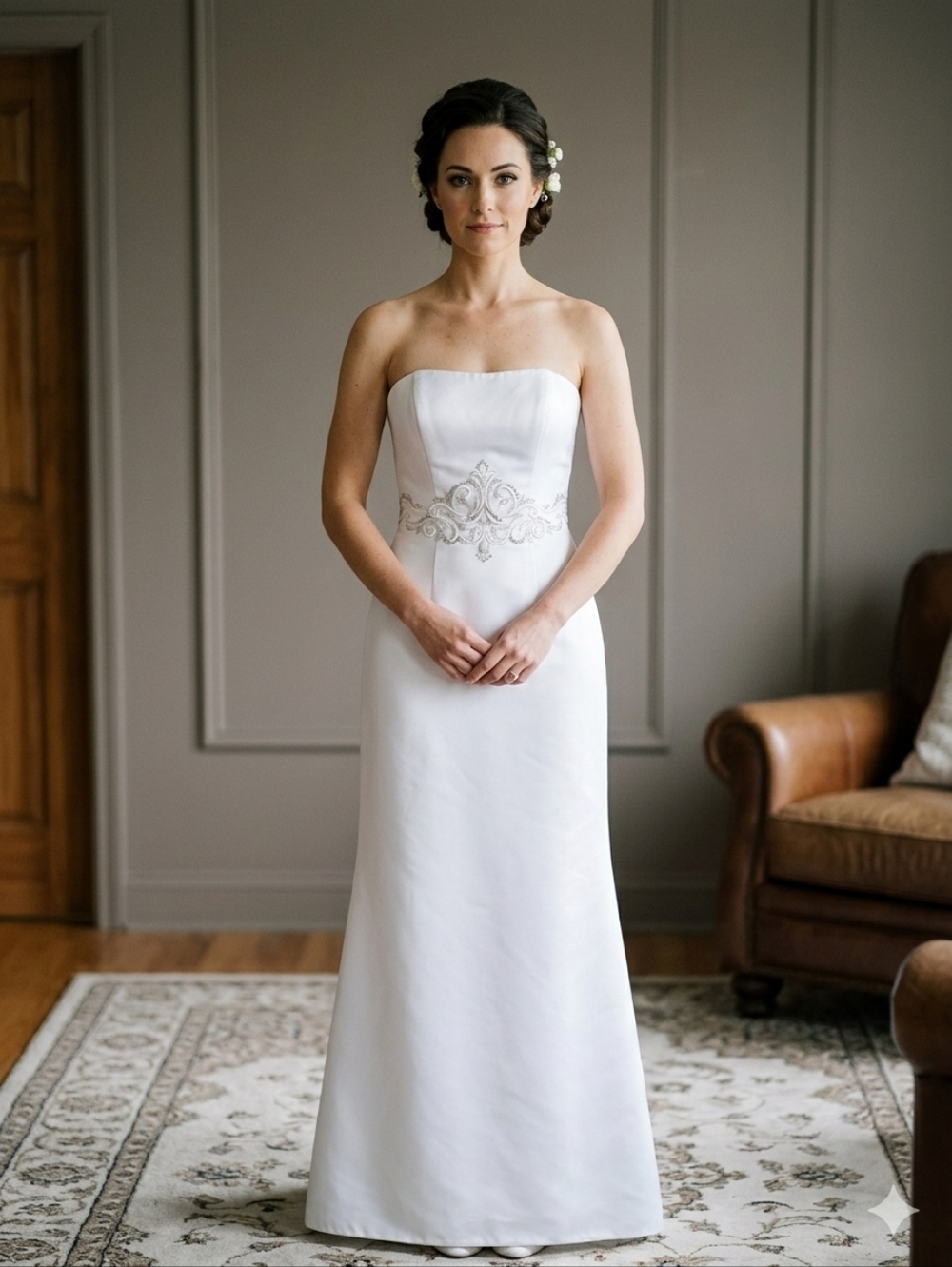 David's Bridal White Strapless Dress with Silver Embroidery